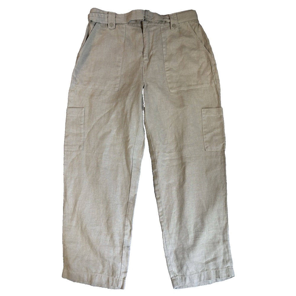 Nicole Miller Linen Cargo Pants Sage Utility Wide Leg Coastal Resort BOHO Chic L